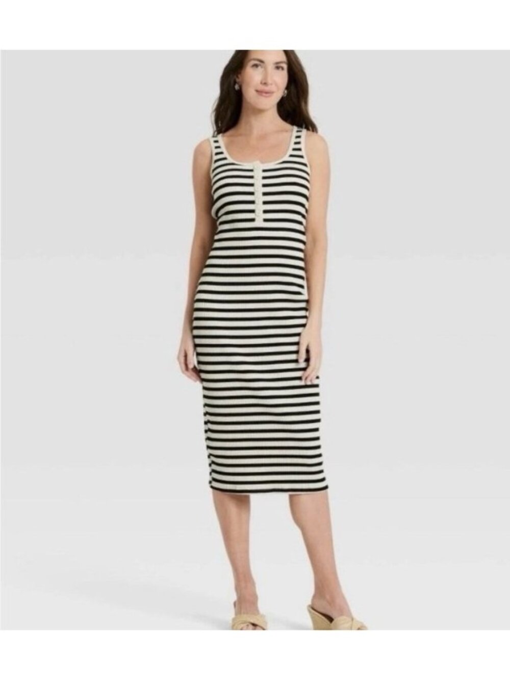 A New Day Women's Ribbed Tank Midi Dress Black & Cream Stripe Size Large